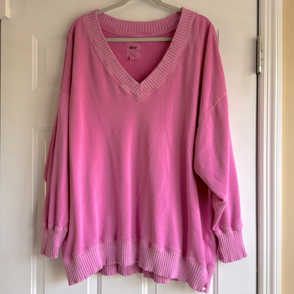 AERIE BEACH LIGHT THIN OVERSIZED SWEATSHIRT DISTRESSED V-COLLAR PINK SZ XL TALL